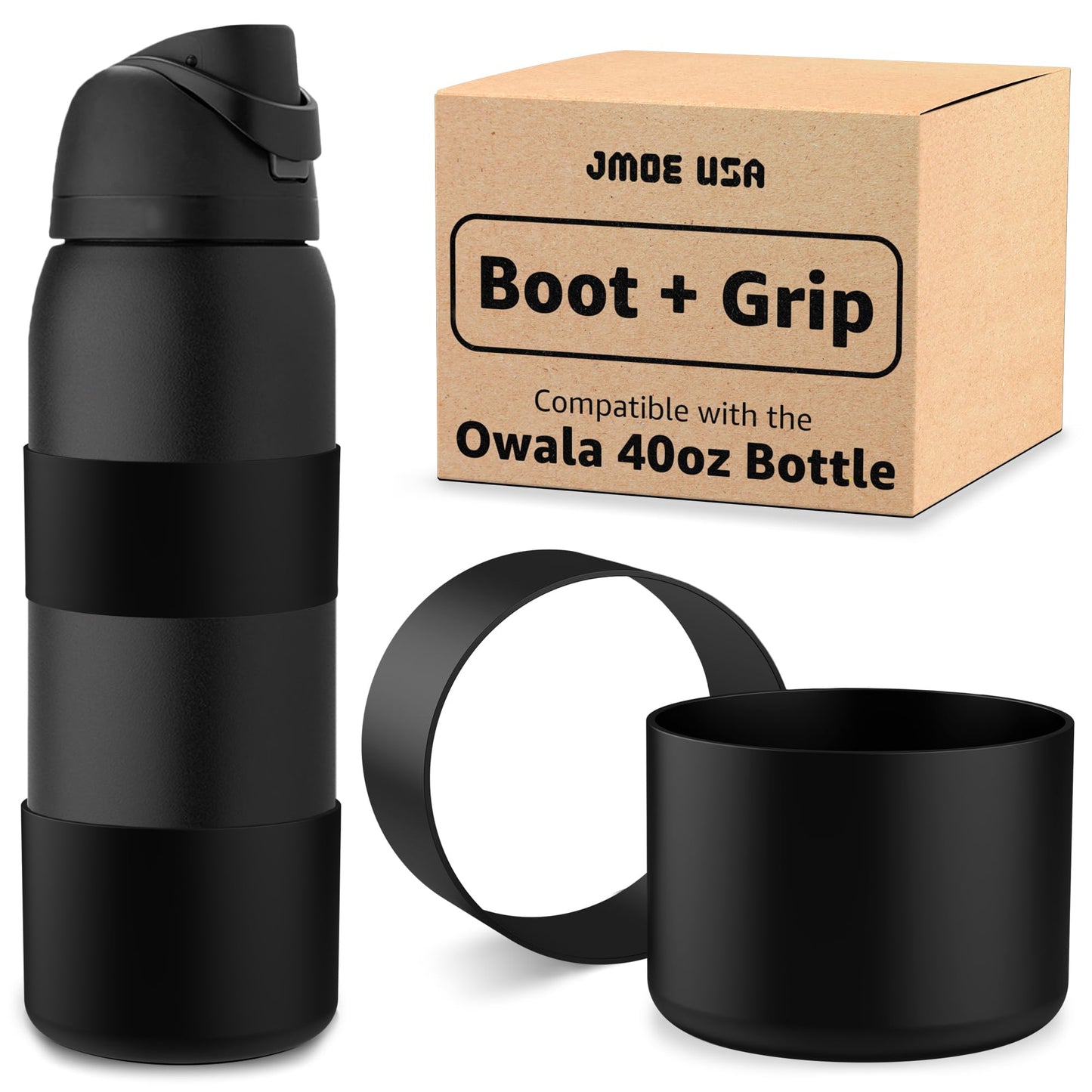 Jmoe USA Silicone Boot Sleeve + Hand Grip for Owala 40oz Water Bottle | BPA Free & Food-Grade Silicone Rubber | Protective Anti-Slip Bottom Bumper Cover | Protects Against Dents & Scratches (Black)