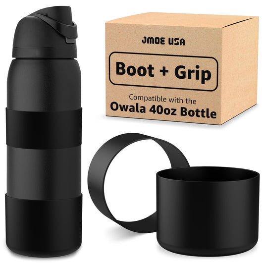 Jmoe USA Silicone Boot Sleeve + Hand Grip for Owala 40oz Water Bottle | BPA Free & Food-Grade Silicone Rubber | Protective Anti-Slip Bottom Bumper Cover | Protects Against Dents & Scratches (Black)
