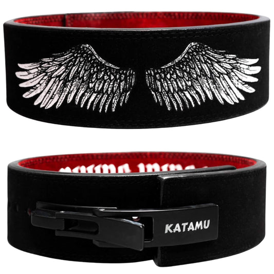 Katamu Premium Leather Lever Weightlifting Belt – Secure Steel Lever, Powerlifting Support for Deadlifts, Squats & Heavy Lifts (Divine Wings, Medium)