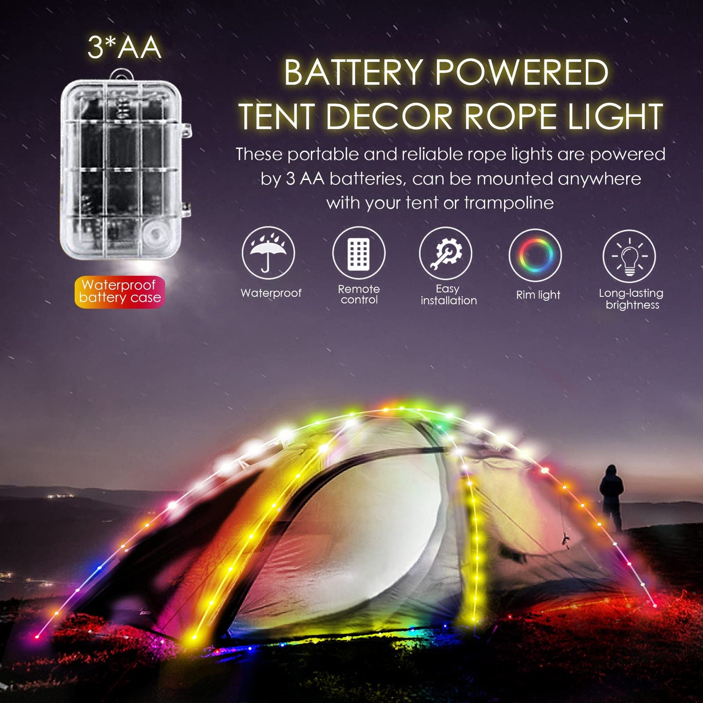 Camping Tent String Lights, 40Ft 120 LEDs 8 Modes Color Changing LED Rope Lights Battery Powered with Remote Control, Outdoor Waterproof LED Tent Light Great for Camping, Canopy, Hammock, Trampoline