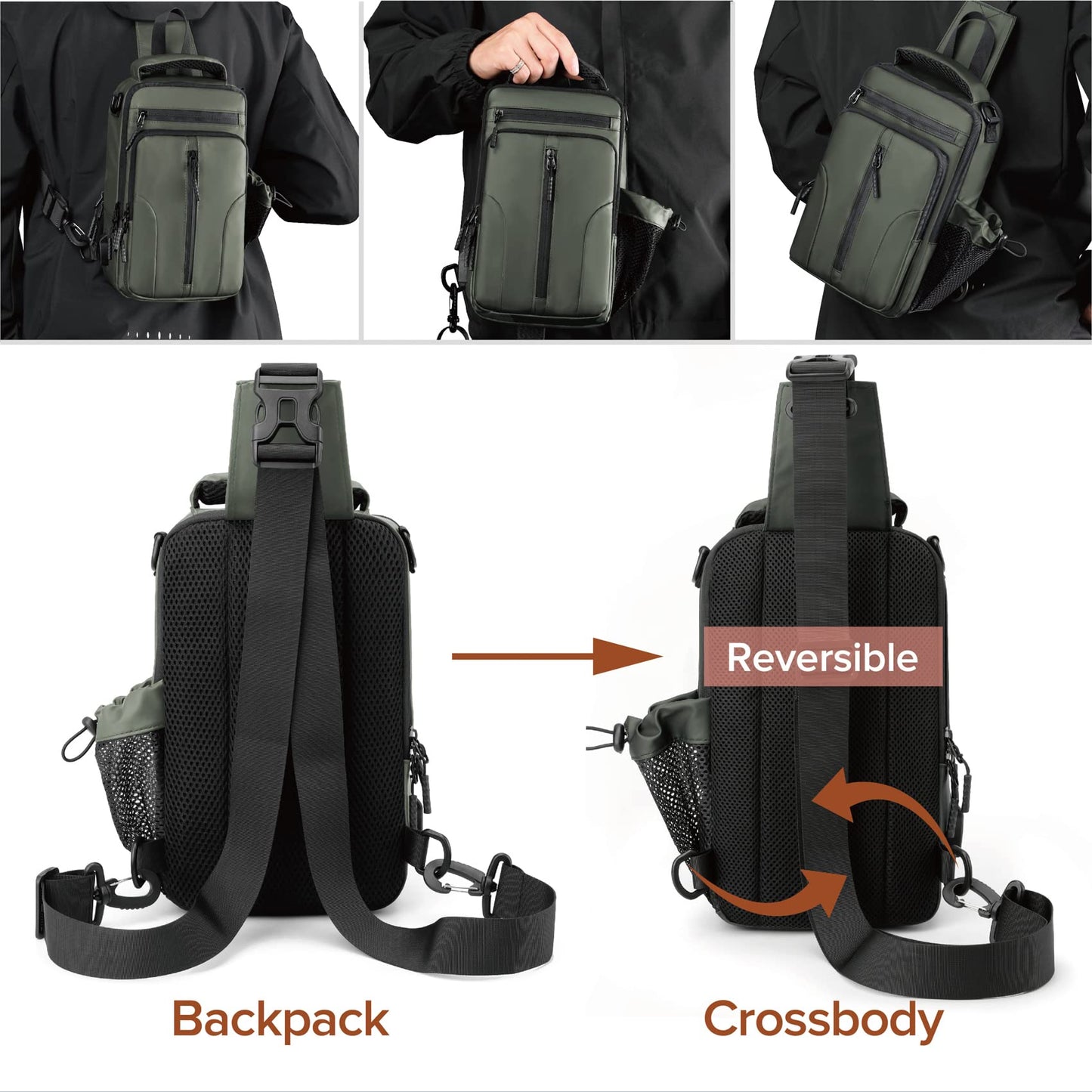 Anti Theft Crossbody Backpack Shoulder Sling Bag for Men Women Lightweight One Strap Motorcycle Messenger Bag Daypack for Cycling Hiking Walking Outdoor Sports Travel with USB Charger Port Army Green