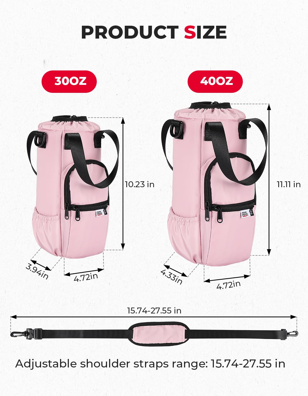 KEMIMOTO Upgraded Dual-Use Water Bottle Holder Bag for 40/30 oz Handle and Non-Handle Tumblers, Water Bottle Carrier Bag with Adjustable Shoulder Strap Carrier and Phone Pocket,30oz Pink