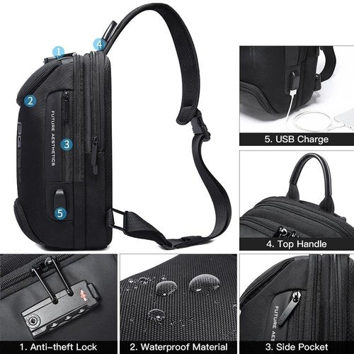 BANGE Anti theft Sling Backpack with Lock, Men's Sling Bag for Men, Shoulder Crossbody Backpack with USB Charging Port for Men and Women