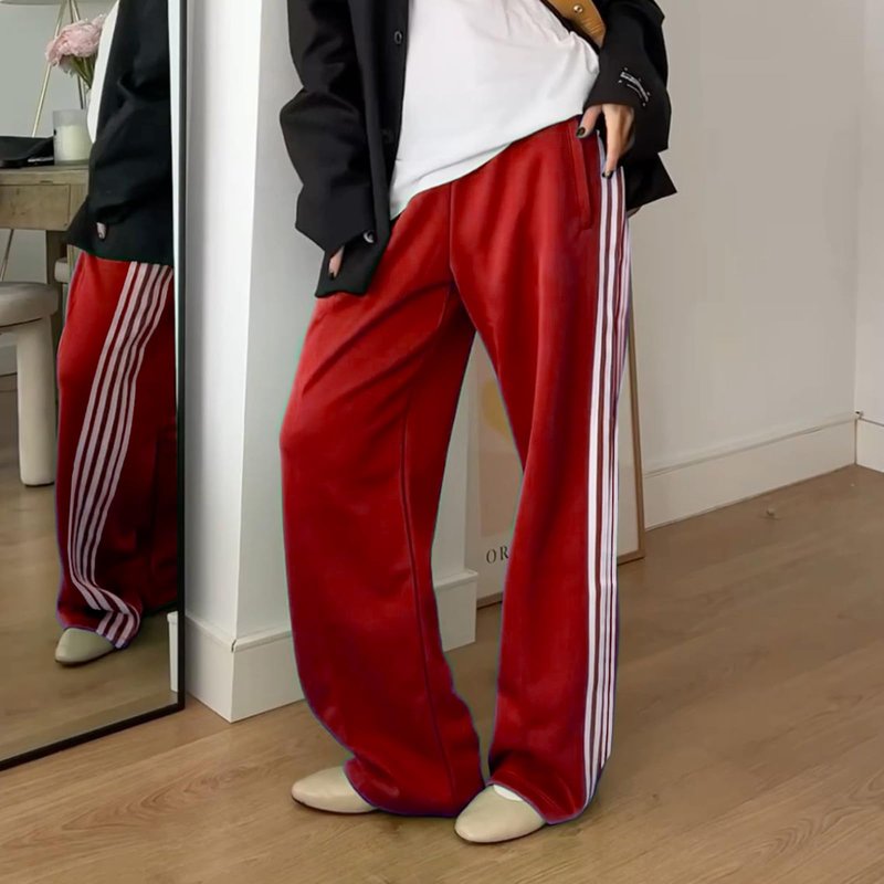 KMBANGI Women Striped Track Pants Elastic Waist Straight Leg Sweatpants Joggers Wide Leg Side Stripes Pants with Pockets(Casual Red,S)