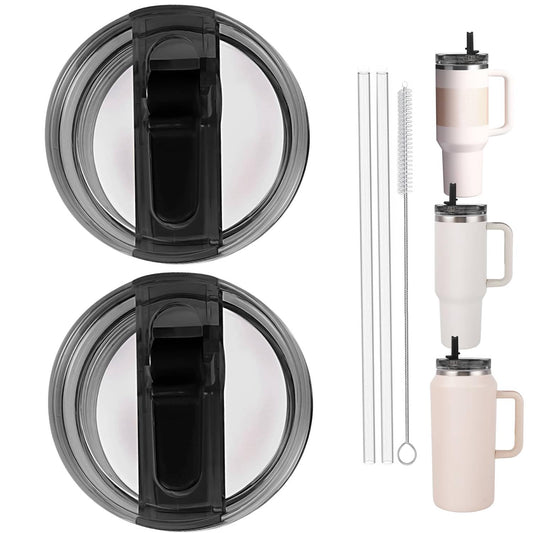 2PC Replacement Leak Proof Tumbler FLIP Lid With Straw - Fit For Stanley ProTour Quencher and Quencher H2.0 40oz,64oz Tumbler (2Black, 40oz and 64oz)