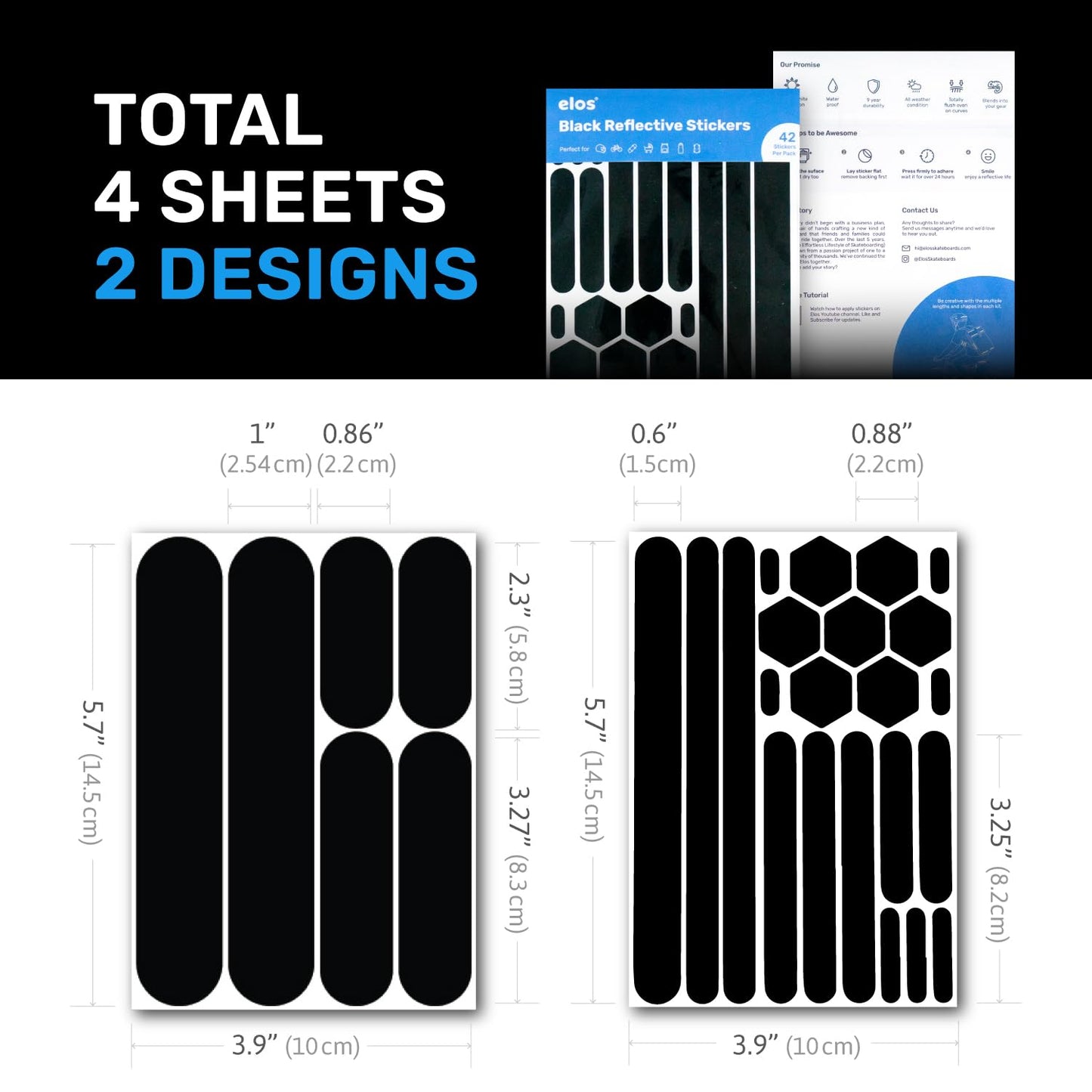 ELOS Reflective Gear 3M Black Stickers - Helmet Tape, Motorcycle Tape, Hi Viz Stickers for Helmets - Discreet Black Until Light Hits It (Combo Style)