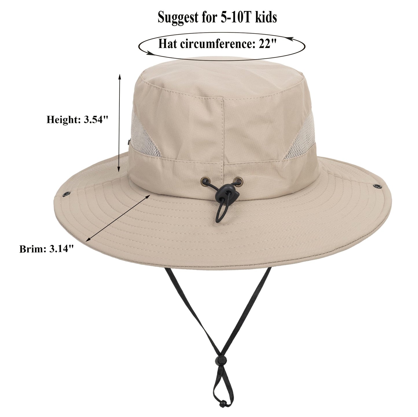 Kids Sun Hat with UV Protection Beach Bucket for Boys & Girls Wide Brim Safari Boonie Cap for Summer Outdoor Dark Beige