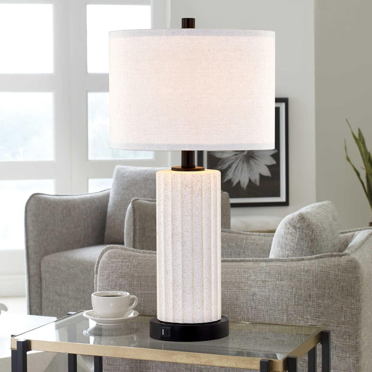 KAWOTI White Ceramic Table Lamp Set of 2 for Living Room 3 Way Touch Control Bedside Lamps with USB Ports and AC Outlet (Bulbs Included)