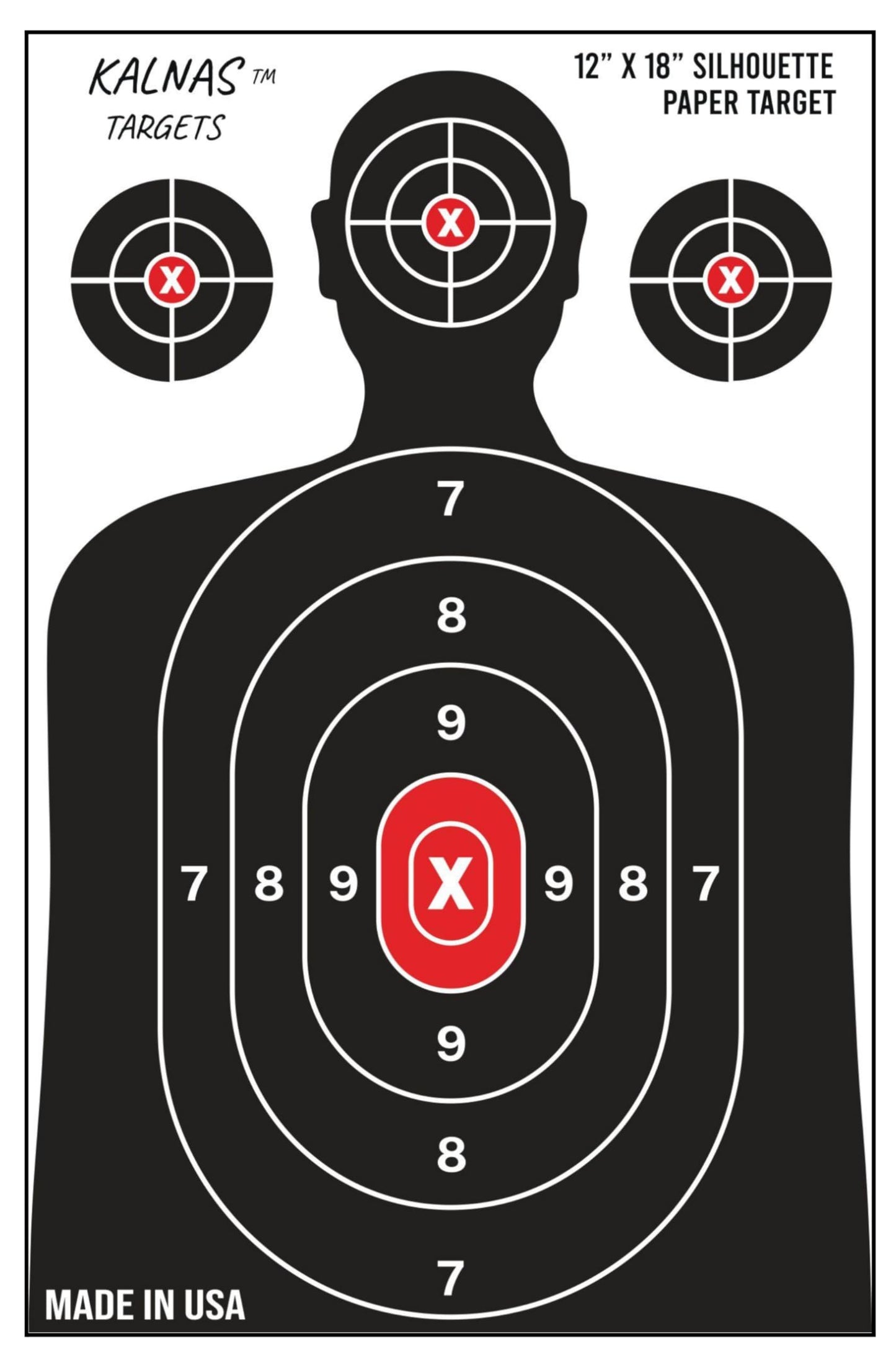 Kalnas Shooting Targets,12 x 18 inch, Bulk Packs of 25, 50, 100 - Silhouette Paper Targets - Ideal for Handguns, Pistols, Rifles - Red Bullseye, Black & White - Elevate Your Shooting Experience (50)