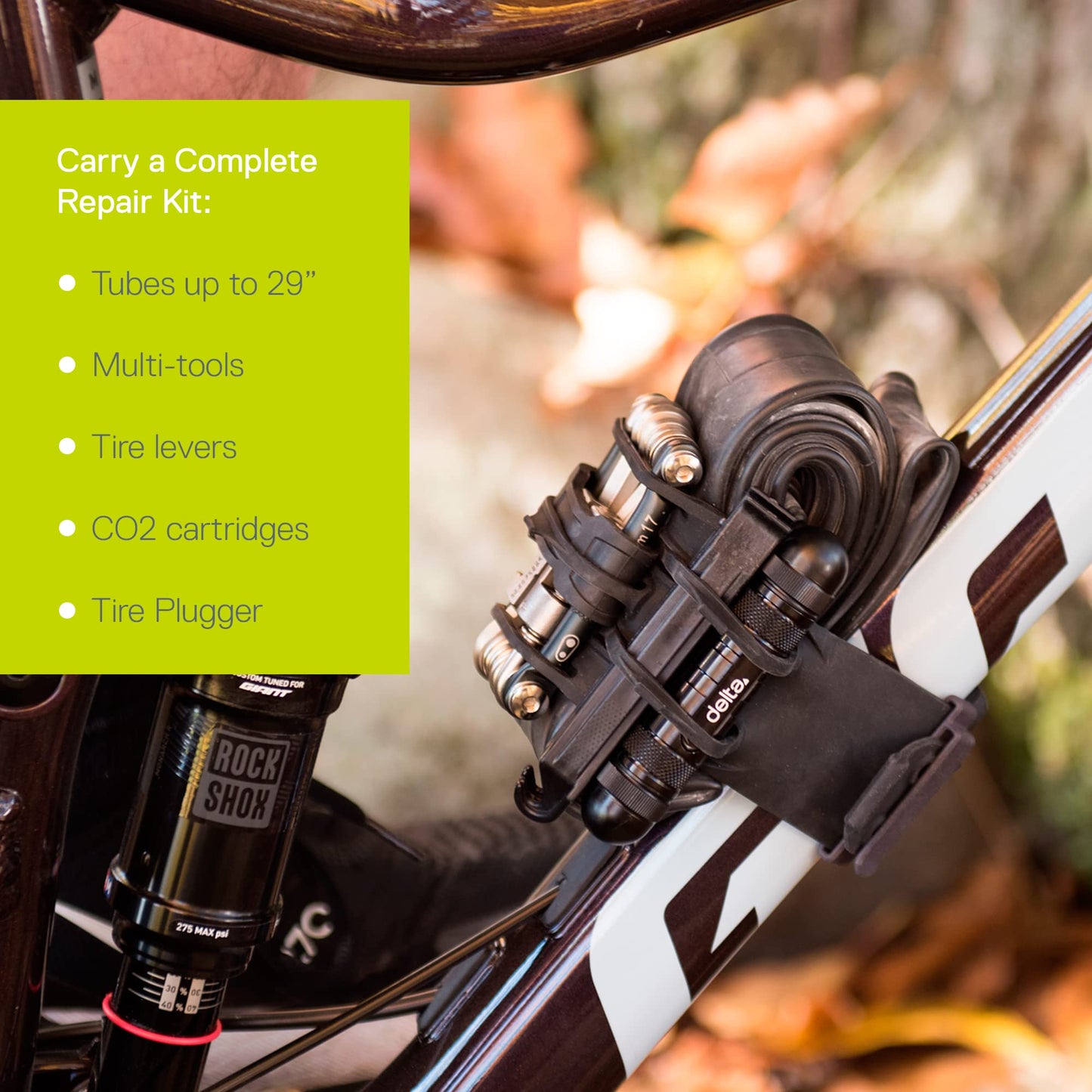 Bike Frame Carrier Utility Strap for Tools and Inner Tubes, Stwap by Delta Cycle - Oversized Strap Design Hold All Bike Tire Tube Sizes up to 29 inches with Integrated Hook & Loop Storage Fasteners