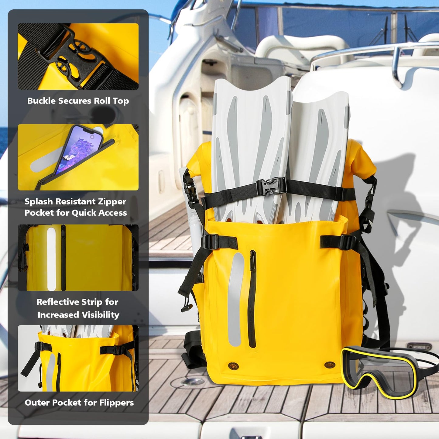 KEEFREE 30L Roll Top Waterproof Floating Backpack, Equipment Pocket, Marine Floating Dry Bags for Kayaking Tracing Beach Fishing Hiking Survival Camping Travel