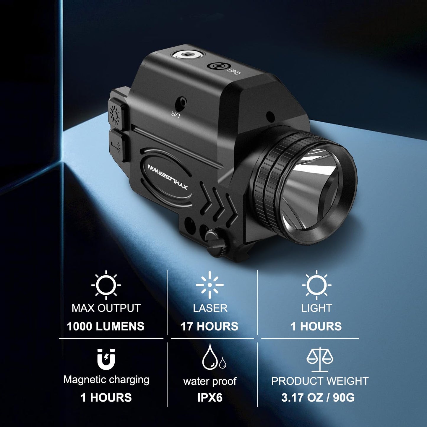 1000/500/200 Lumens Adjustable Tactical Flashlight Laser Combo with Strobe & Constant Modes, Pistol Weapon Light Green Laser Compact Rail Mount, Magnetic Rechargeable, Laser Class IIIA,Less Than 5mW