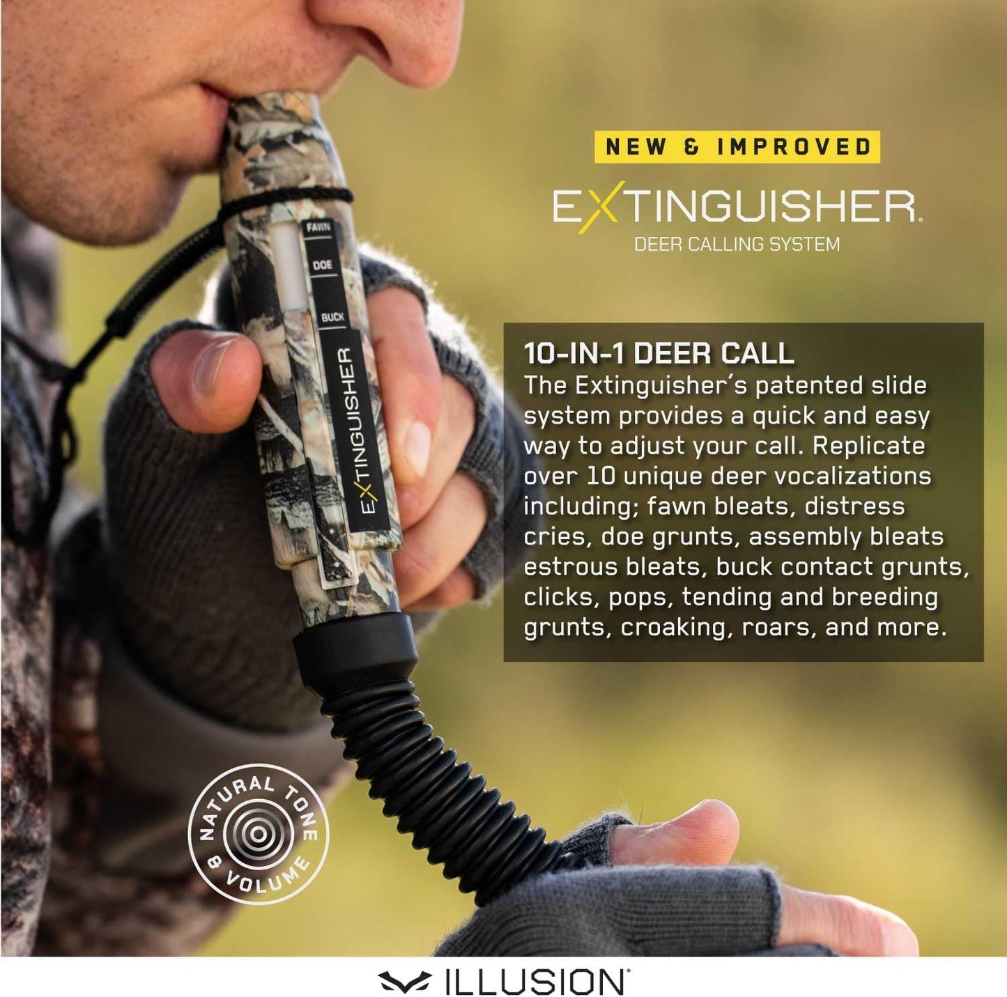 Extinguisher Deer Call by Illusion | Grunt Tube | Buck, Doe, Fawn | Adjustable 10-in-1 Call | Color (CAMO/Black) | Freeze Resistant