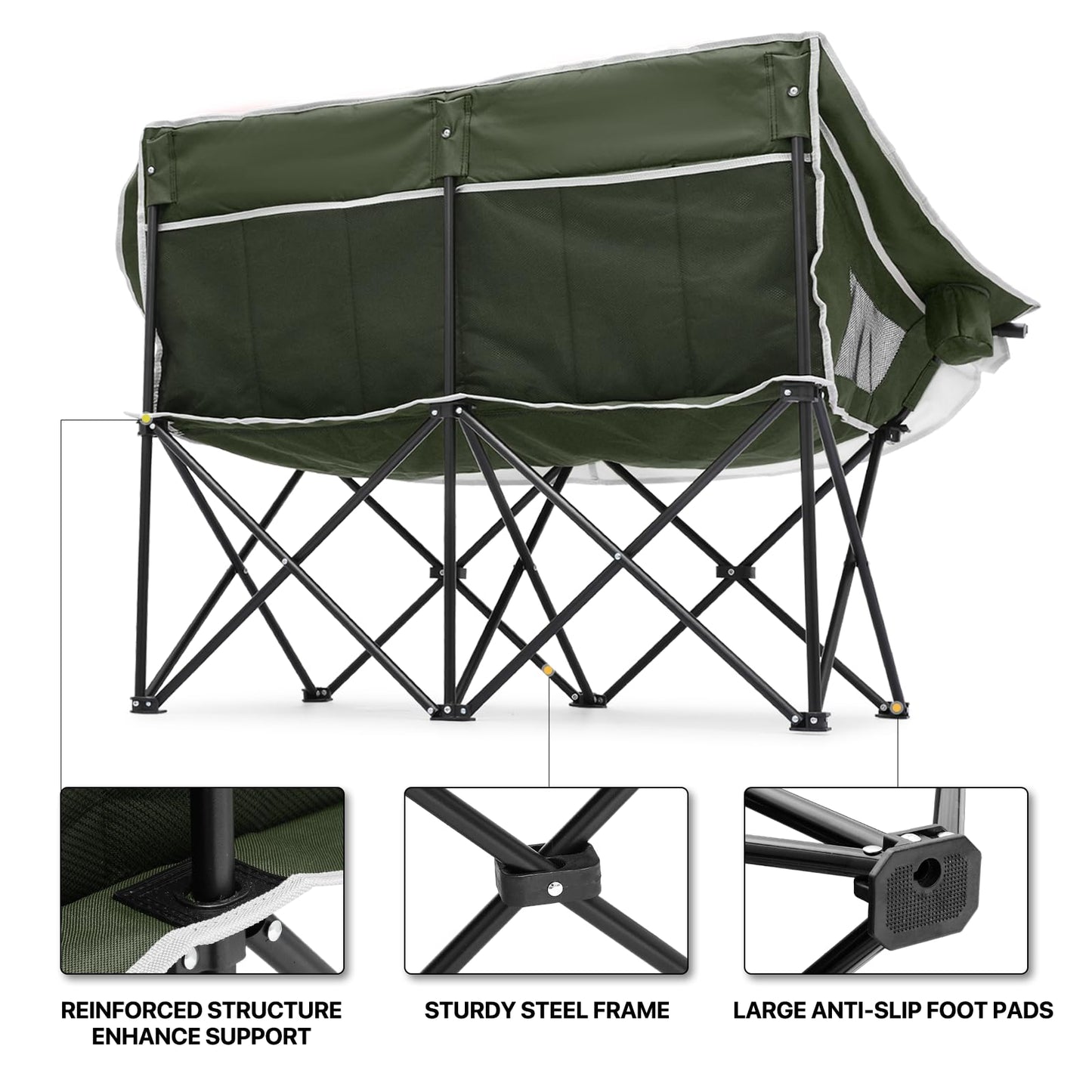 MoNiBloom Collapsible Double Camping Loveseat Chair Outdoor Beach Lawn Picnic Hiking Travel Portable Foldable Collapsible 2-Person Love Seat Camp Chair for Adults (Dark Green and Light Gray)
