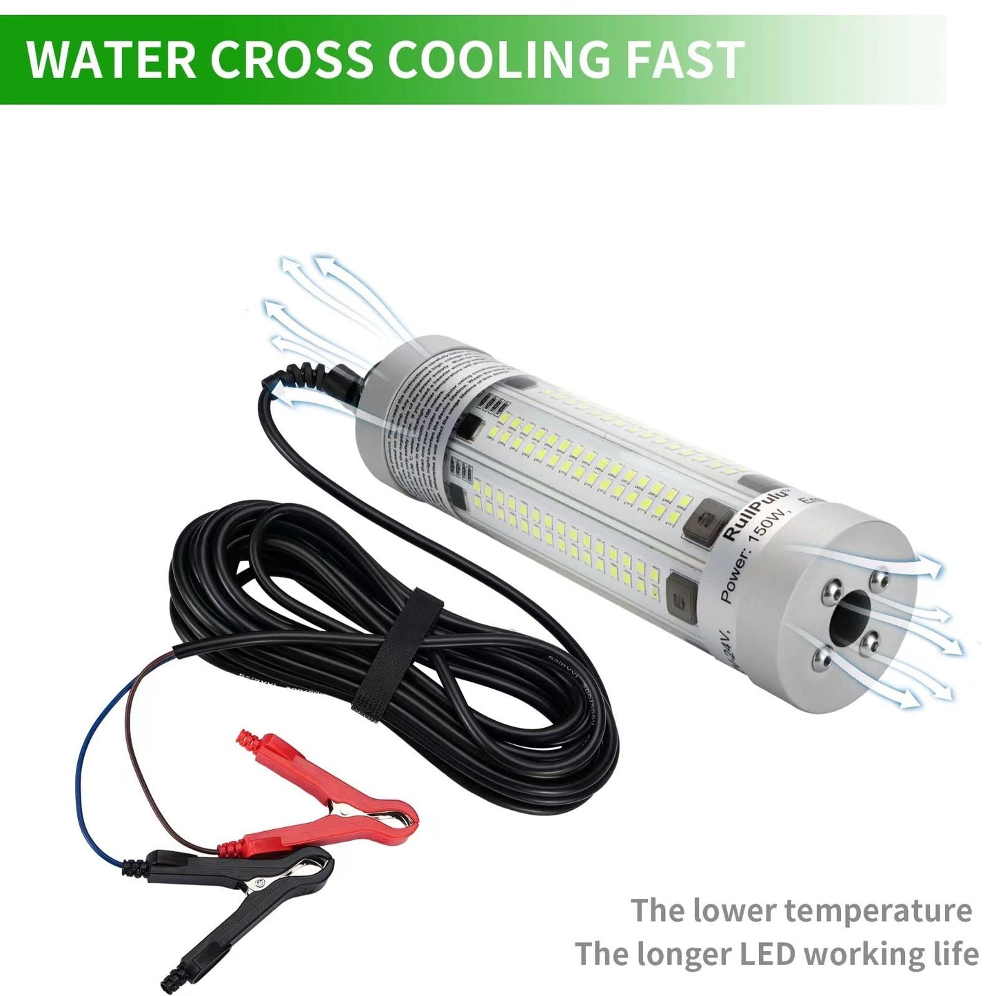 150W 20900lm Underwater Fishing Light, IP68 Waterproof Aluminum Super Bright Night Fish Attracting Submersible LED Lamp Lure Bait Finder for Freshwater Saltwater Sea Kayak Ice Dock (150W White)