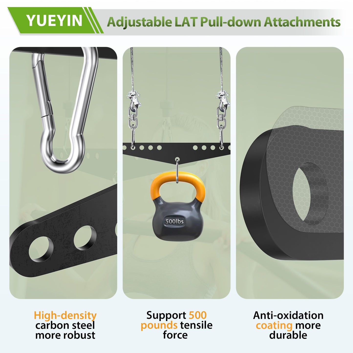 YUEYIN LAT Pull-Down Attachments, 6-Level Hole Adjustable, Cable Attachments for Gym, Compatible with Double or Single Exercise Handles, with 3 Strong Hooks, Black