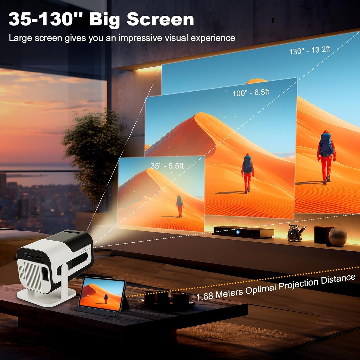Mini Projector, HY300 PRO Portable Projector, Support 4K 1080P with Dual-Band WIFI6 5G Wireless 5.0 Bluetooth Android 11, 180° Rotatable, Auto Keystone Correction, 35"-130" Screen Video Projector