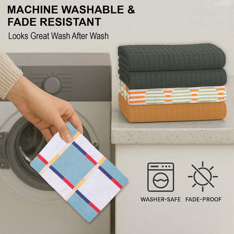 IXORA DECOR 100% Cotton Kitchen Towels Set of 4 | 2 Solid Dyed Waffle Weave Dishcloths & Geometric Digital Print Kitchen & Table Linen Cloth | Super Absorbent Napkins | 50 x 70 Inches