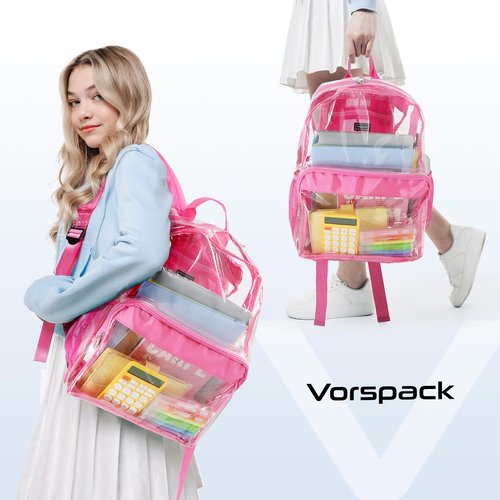 Vorspack Clear Heavy Duty Backpack - Transparent PVC See Through With Reinforced Bottom for College Workplace Security - Pink