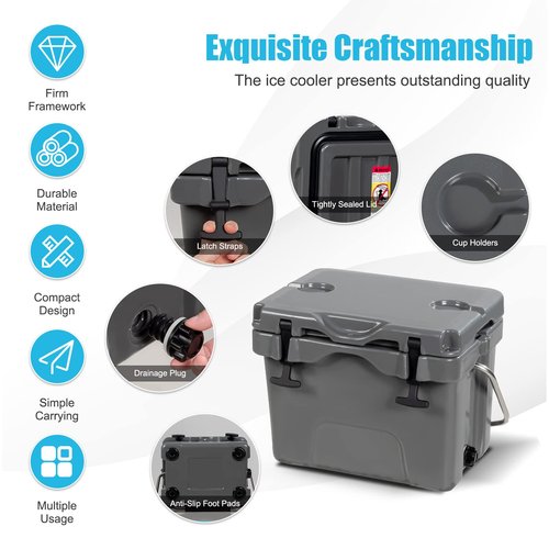 COSTWAY 16 Quart Grey Portable Hard Cooler with 2 Cup Holders, 3-5 Days Ice Retention, Heavy Duty Handle and Anti-Slip Foot Pads