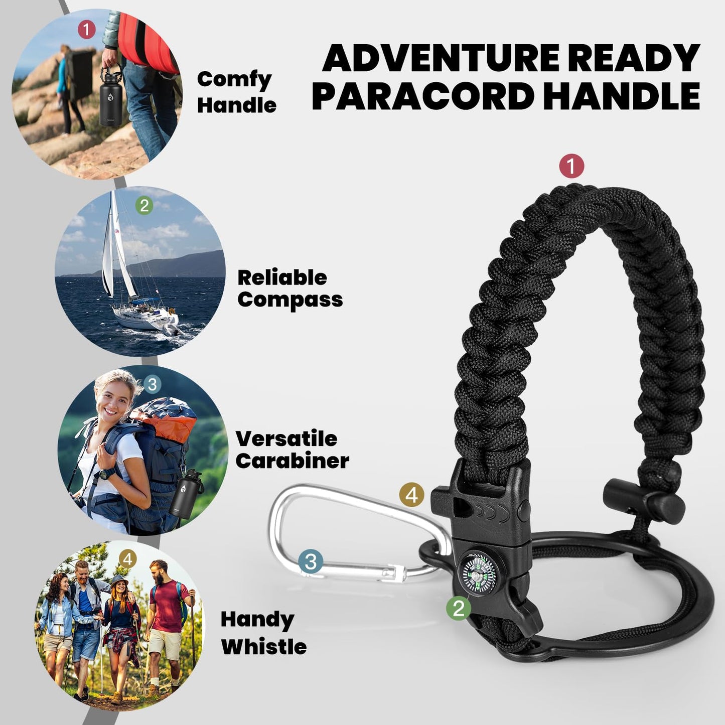 RAYMYLO Water Bottle Handle for Wide Mouth Water Jug, Paracord Handle Strap Carrier for 32 40 64 128 oz Bottle, Hydro Water Flask Accessories for Hiking with Safety Ring Carabiner & Compass Whistle