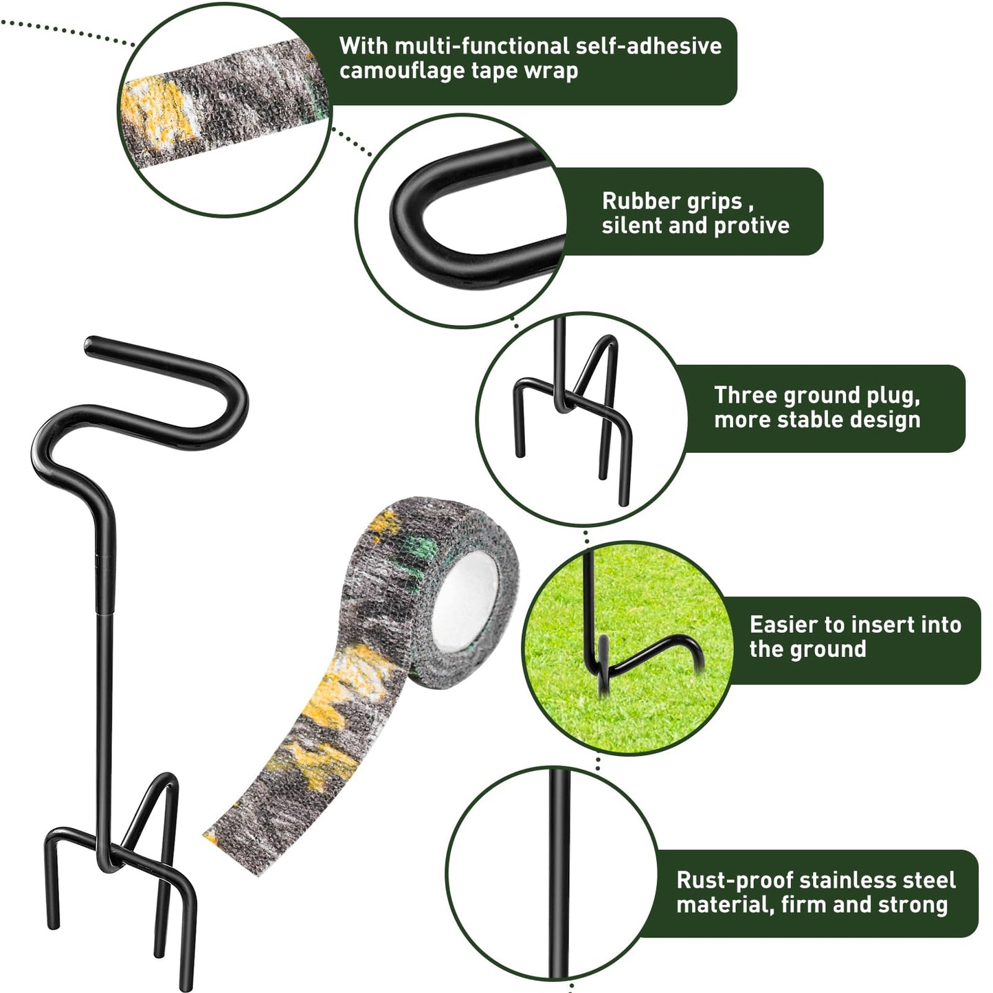 2 Pack Ground Bow Holder, Rustproof Hunting Ground Blind Bow Holder with Self-Adhesive CamouflageTape Rubber Coated Compound Bow Holder Versatile Archery Ground Stake Bow Stand for Hunting Practice
