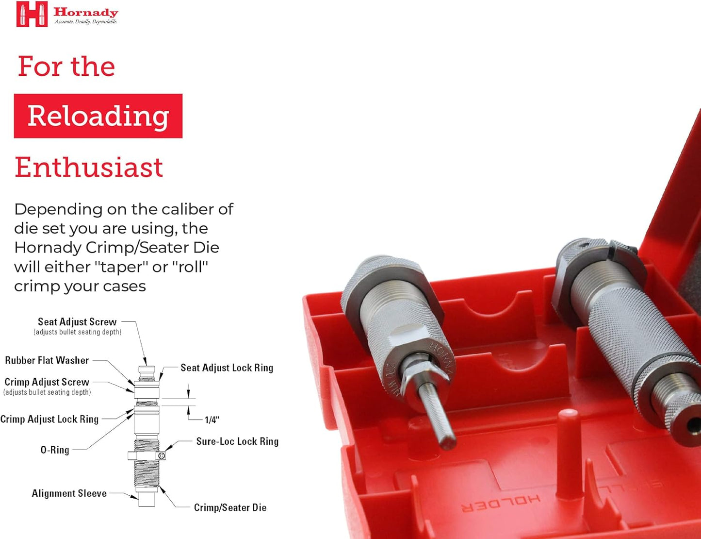 Hornady Custom Grade New Dimension 2-Die Set, 270 Win (.277) (546300) - Caliber Specific Reloading Equipment for Handloaders with Full Length Sizer Die, Seating Die, Sure-Loc Rings, & Storage Box