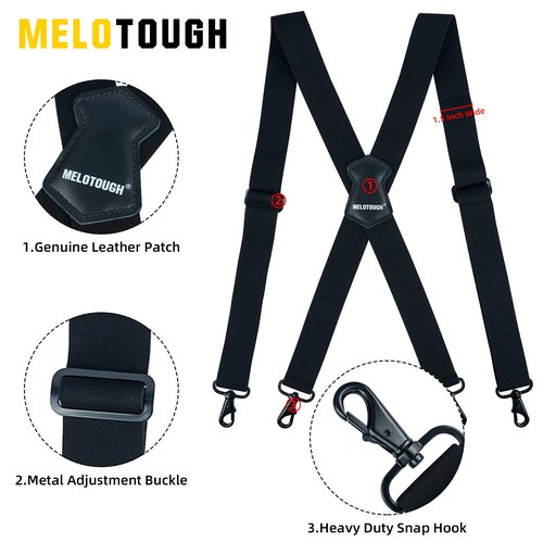 MELOTOUGH Tactical Suspenders Loops Attachment Duty Belt Keeper Snaps Belt Keeper,Mens Suspender 1.5 Inch Wide X Back Suspenders Black Adjustable Elastic Suspenders Braces with Heavy Duty Snap Hooks