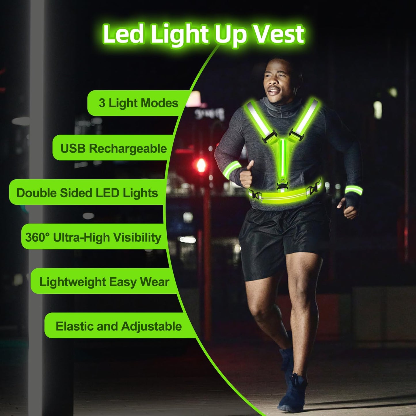 JZ LED Reflective Vest Running Gear-Reflective Vest for Walking at Night, High Visibility Night Running-Rechargeable Adjustable Led Light Up Running Vest with Armband for Runners Walkers Men (Green)