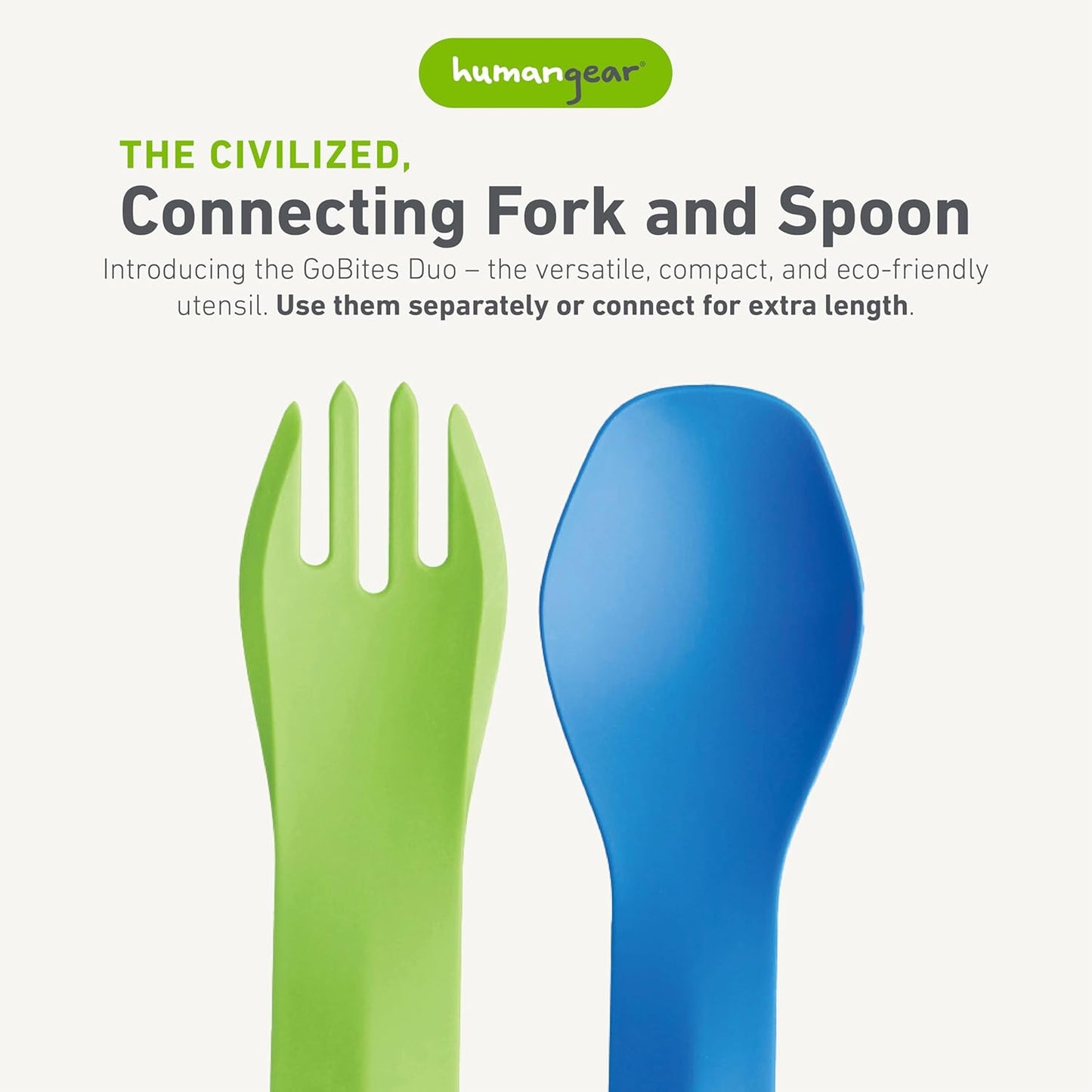 humangear GoBites Duo and Bio Duo Travel Silverware, Full Size Portable Fork & Spoon, Reusable Utensil Set, PC and BPA-free, Food-Safe Nylon or Plant-Based Resin, Extended - 9.1” X 1.6”