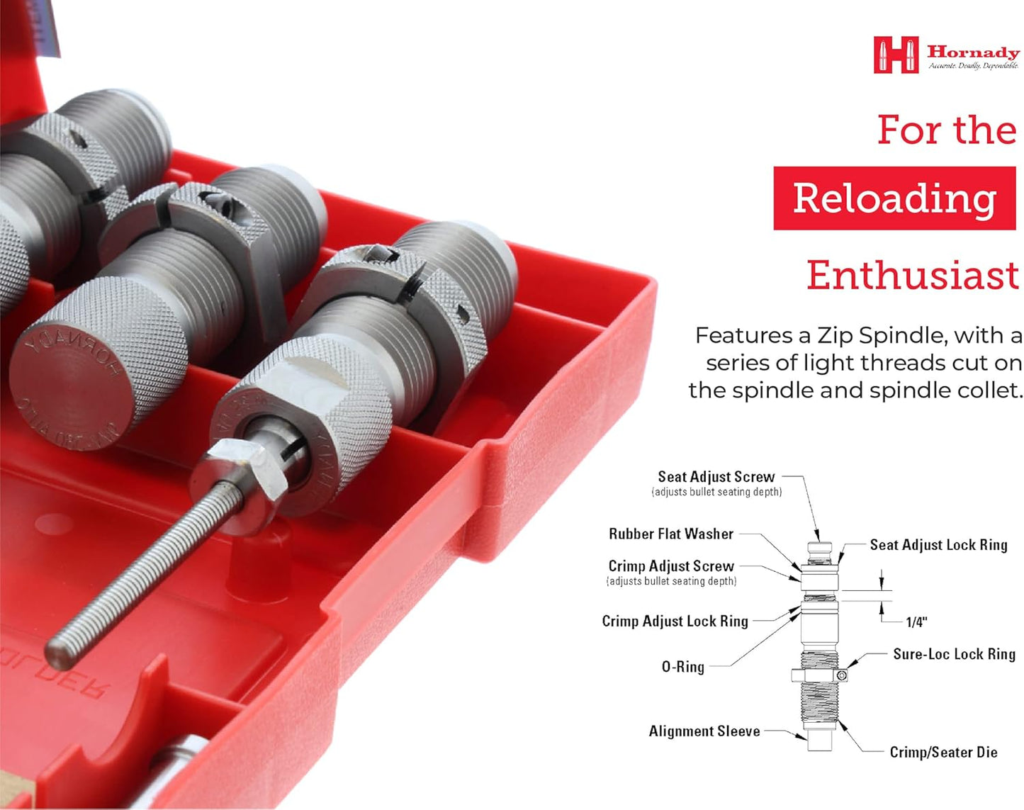 Hornady Custom Grade New Dimension 3-Die Set - Caliber Specific Reloading Equipment for Handloaders with Full Length Sizer Die, Seating Die, Sure-Loc Rings, & Storage Box
