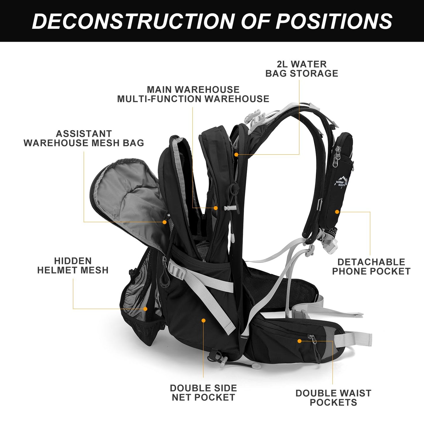 IX INOXTO Hydration Pack,20L Hydration Backpack, Hiking Internal Frame Backpacks with 2L Hydration Water Bladder and Rain Cover, for Cycling,camping, hunting,Ski, Snow for Men, Women (black)