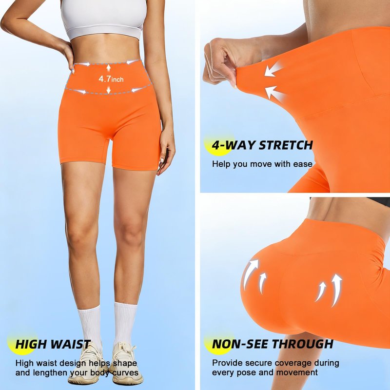 FULLSOFT High Waisted Biker Shorts for Women-5" Tummy Control Fitness Athletic Workout Running Yoga Gym Shorts with Pockets(Orange-Yellow,Small-Medium)