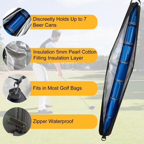 Super Large Golf Beer Sleeve for Golf Bag with 7 Reusable Cold Packs - L-Size: 7 Cans Golf Cooler Bag - Great Golf Gift - Golf Bag Beer Cooler Sleeve - Beer Holder Sling Keeps Beverages Cold