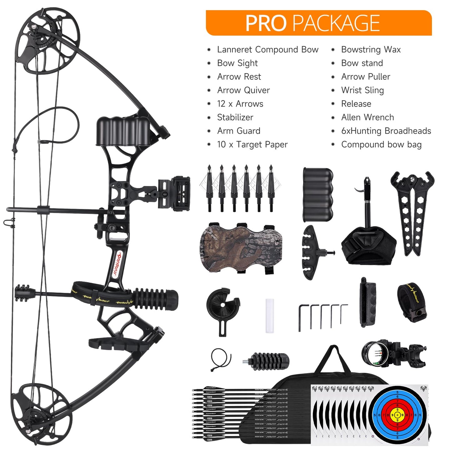PANDARUS Archery Ready to Hunt Compound Bow Package for Adults and Teens,25"-31" Draw Length,0-70 Lbs Adjustable,up to 320 fps,Made in USA,Lightweight Design,2025 New(Black Right Handed Pro)