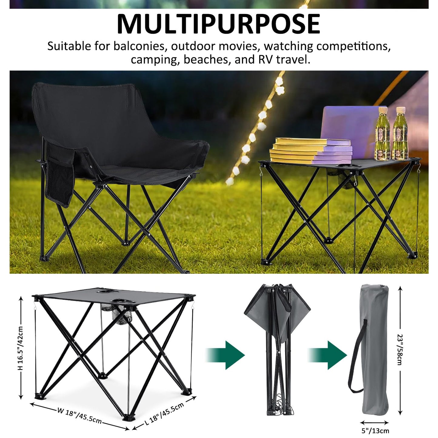 Leonyo 2 Pcs Portable Camping Chairs for Adults, Comfortable & Oversized Lawn Chair & Folding Camping Table for Outdoor Sports, Fishing, Rv Travel, Beach, Picnic – Black