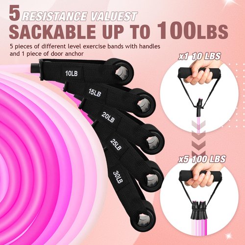 5 Pcs Exercise Resistance Bands with Handles Workout Bands Physical Resistance Tube Bands with Door Anchor for Men Women Muscle Toning Strength Training (Pink)