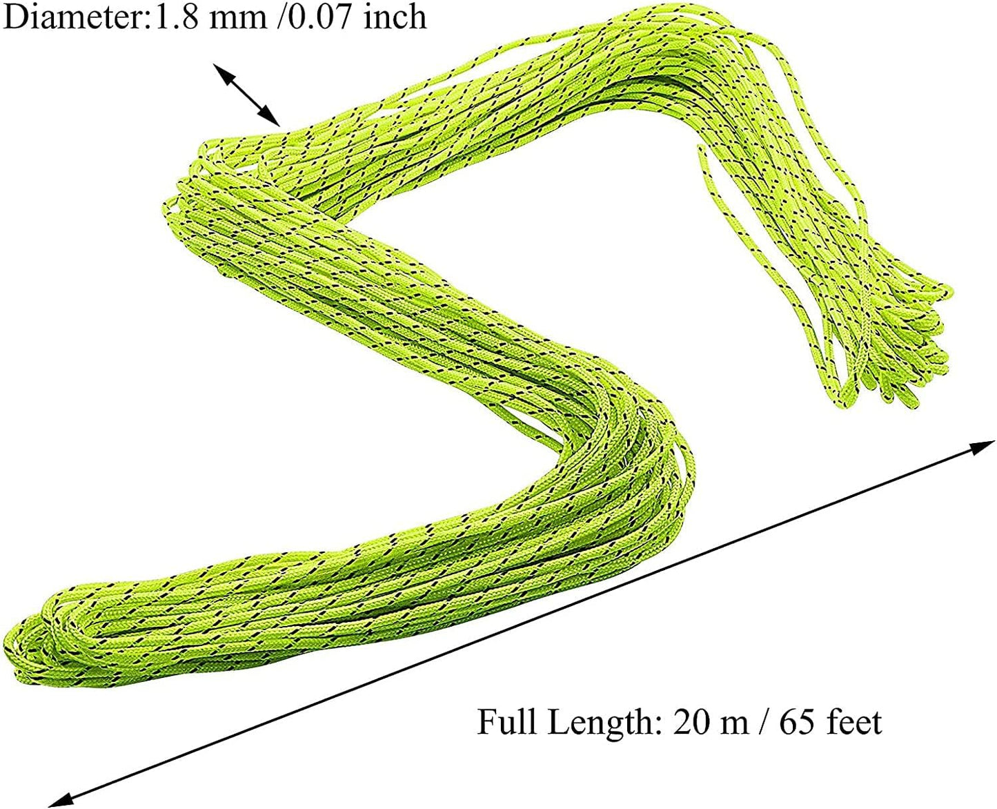 1.8mm Fluorescent Reflective Guyline Tent Rope Camping Cord Paracord,65 Feet