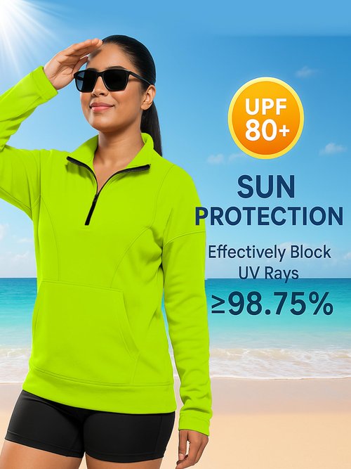 URBAN BUCK Womens Fleece Lined Hoodie High Visibility - Long Sleeves Arryn Quarter Zip Up - Neon Green Oversize Pullover Sweatshirt Top (L)