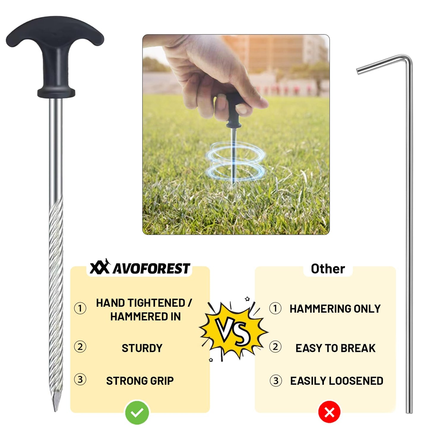 12pcs Heavy Duty Tent Stakes AVOFOREST 8 inch Tent Stakes Portable Camping Stakes for Camping Patio, Garden, Canopies, Grassland, Outdoor Black