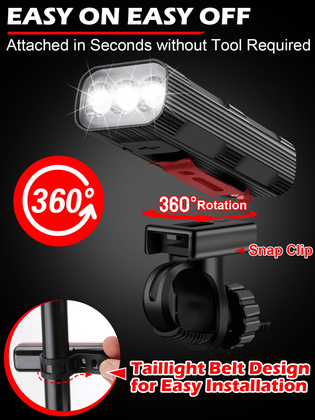 iKirkliten Bike Lights Front and Back, Rechargeable LED Bicycle Light Set for Night Riding, 5+5 Lighting Modes, IPX5 Waterproof, USB Type-C Bike Headlight
