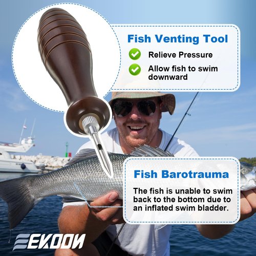 Feekoon 1 Pack Fish Venting Tool, Venting Kit for Deep Sea Fishes with Stainless Steel Needle, Fishing Tackle for Saltwater Fishing Fish Release and Return (Patent Pending) (Dark Brown Handle)