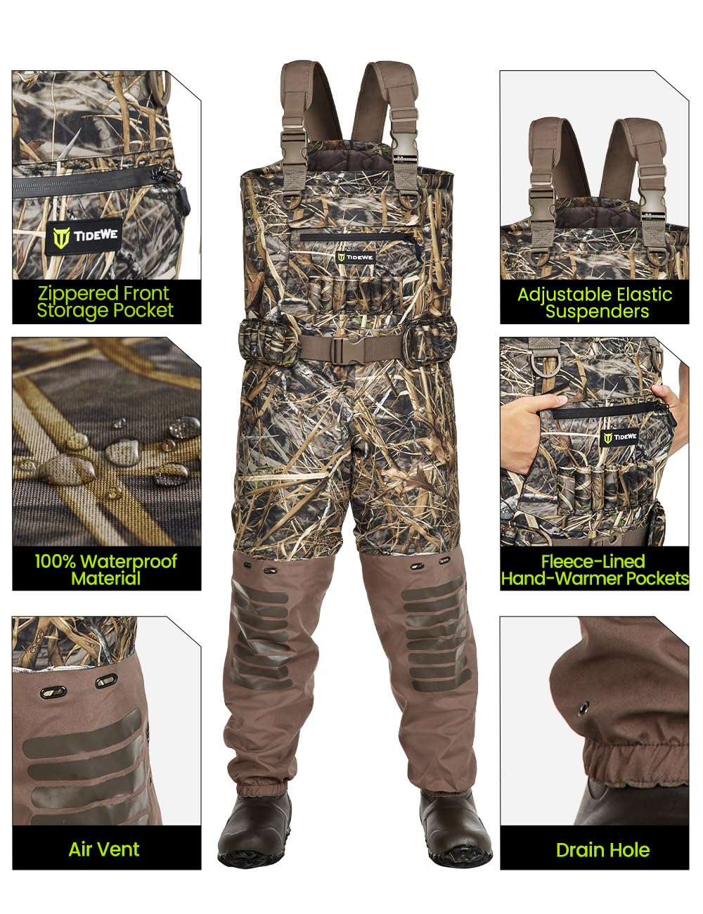 TIDEWE Breathable Insulated Chest Wader with Boot Hanger, 1600G Insulation Waterproof Hunting Wader with Steel Shank Boots, 200 Insulated Liner Next Camo Evos Camo Hunting Fishing Wader Size 12
