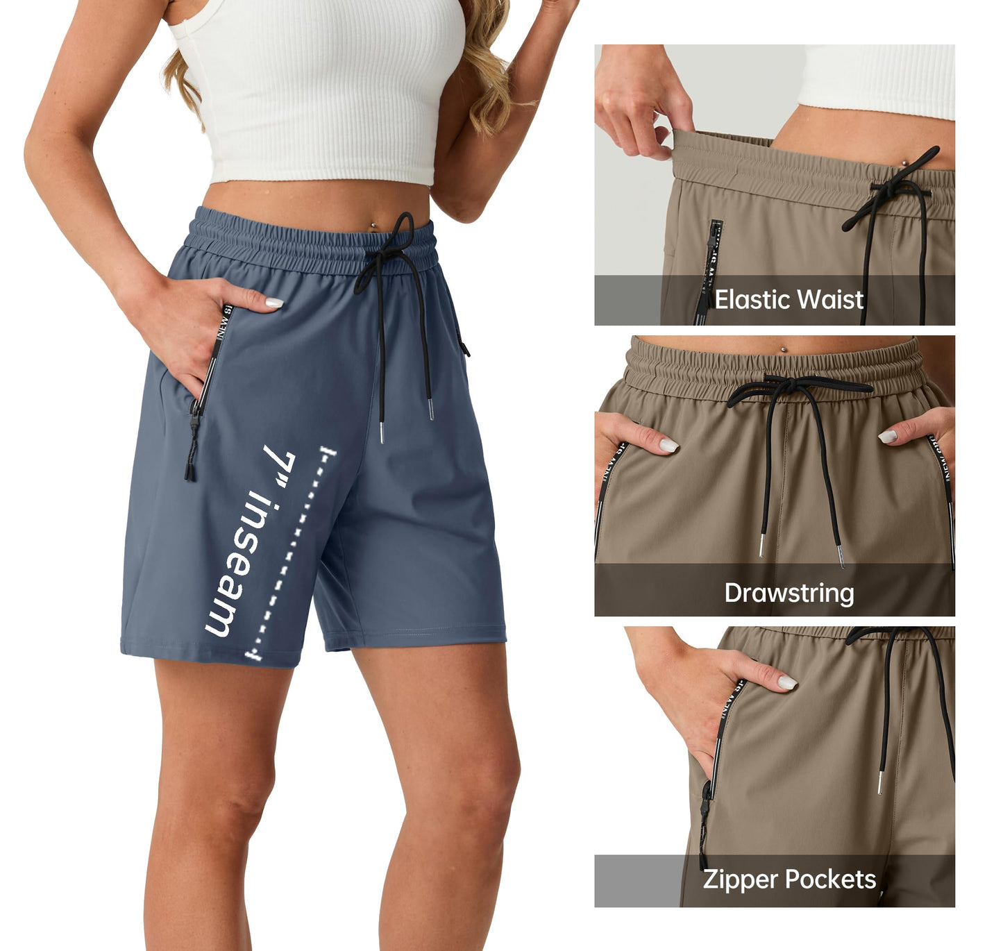 IWOLEENCE Women's 7" Athletic Shorts Quick Dry Stretch Lightweight Hiking Summer Long Shorts for Ladies Cargo with 2 Zipper Pockets Navy Blue, L