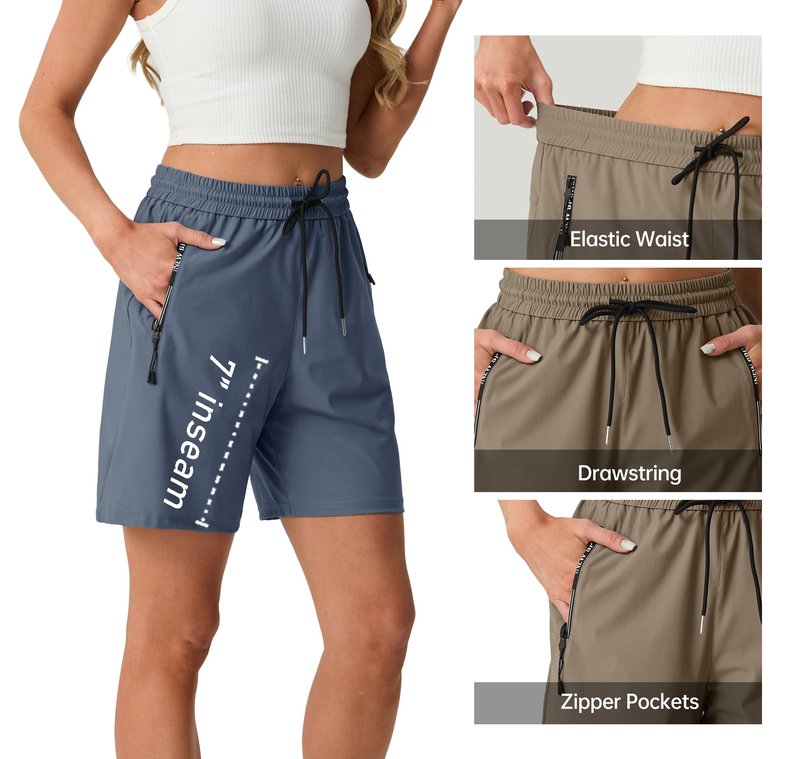 IWOLEENCE Women's 7" Athletic Shorts Quick Dry Stretch Lightweight Hiking Summer Long Shorts for Ladies Cargo with 2 Zipper Pockets Navy Blue, L