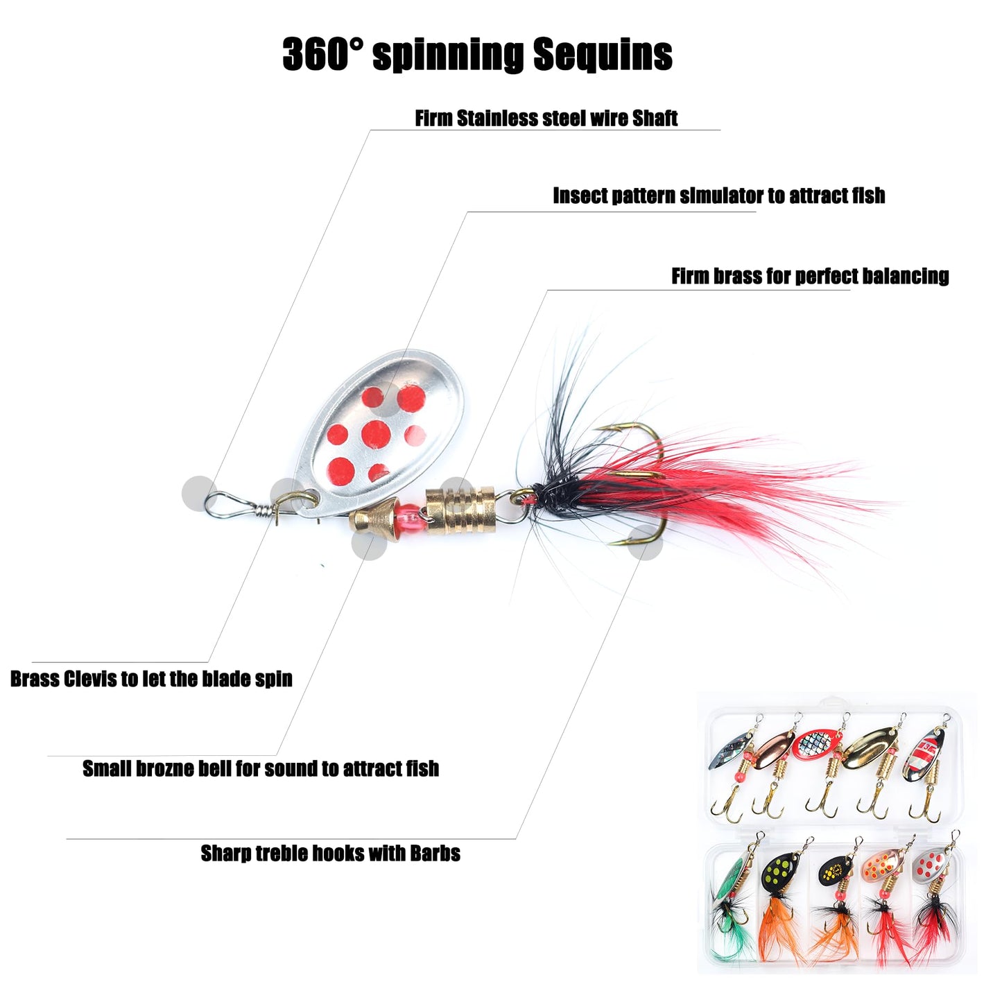 EXAURAFELIS 10PCS Trout Fishing Lures Kit Spinnerbait Rooster Tail Spoon Lures for Bass Salmon Spinner Baits with Tackle Box