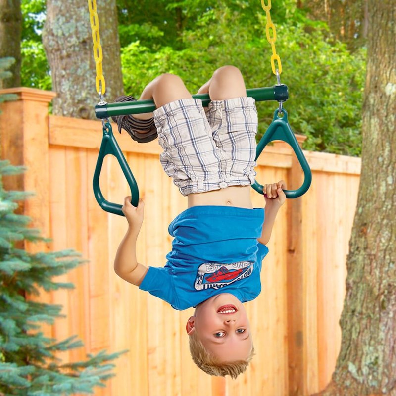 LadyRosian Gym Rings Trapeze Swing Bar 16", Heavy Duty 47" Chain Swing Set Accessories with Locking Carabiners, Monkey Bars for Backyard, Playground, Playroom