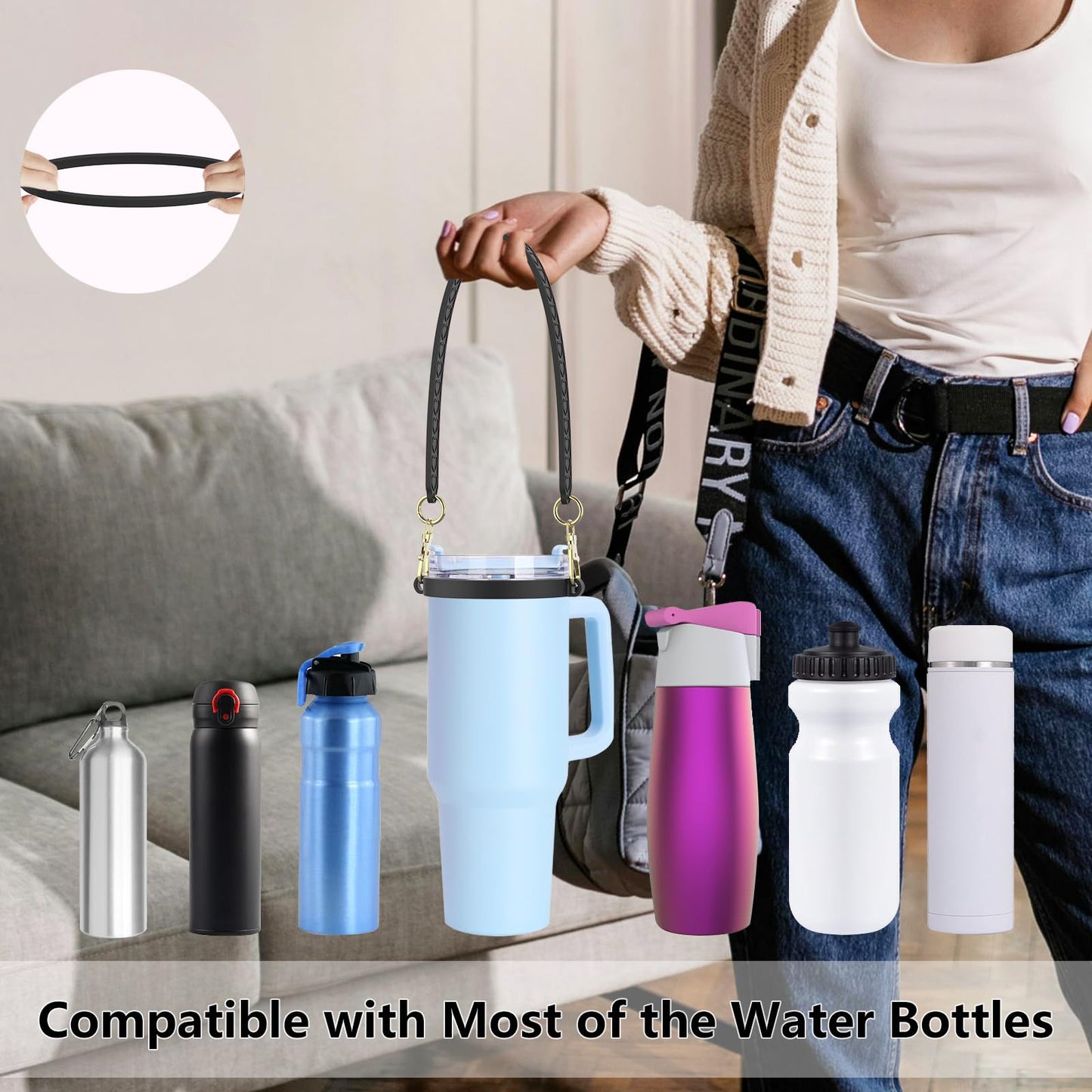 GeeRic Water Bottle Handle Strap, Silicone Handle for Water Bottle Accessories, Soft Strap Compatible with Stanley Cups, Fits Most 8-40oz Bottles Black