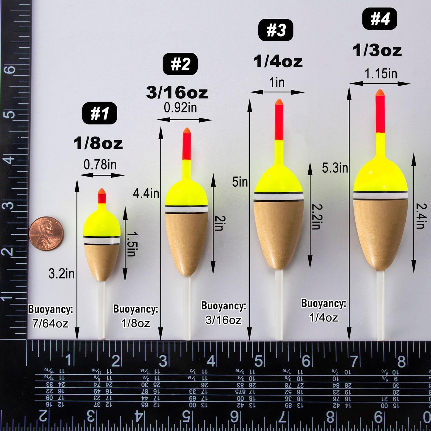 Alwonder 4-Pack Bobbers for Fishing, Buoyant Balsa Wood Body Slip Bobbers Floats, Oval High Sensitive Slip Bobber for Fishing Crappie Bluegills Trout Bass Panfish Catfish Walleyes 2.2"