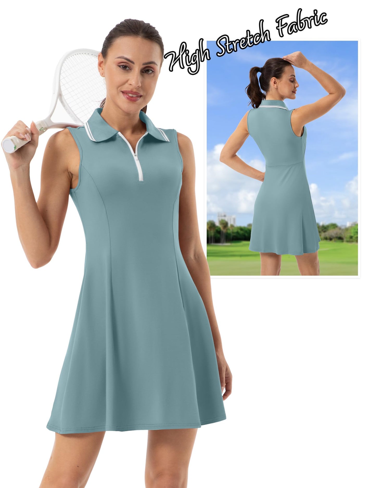 FKEEP Women's Tennis Golf Dress Sport Activewear Workout Athletic Zipper V-Neck with Shorts and Pocket (Lake Blue, L)